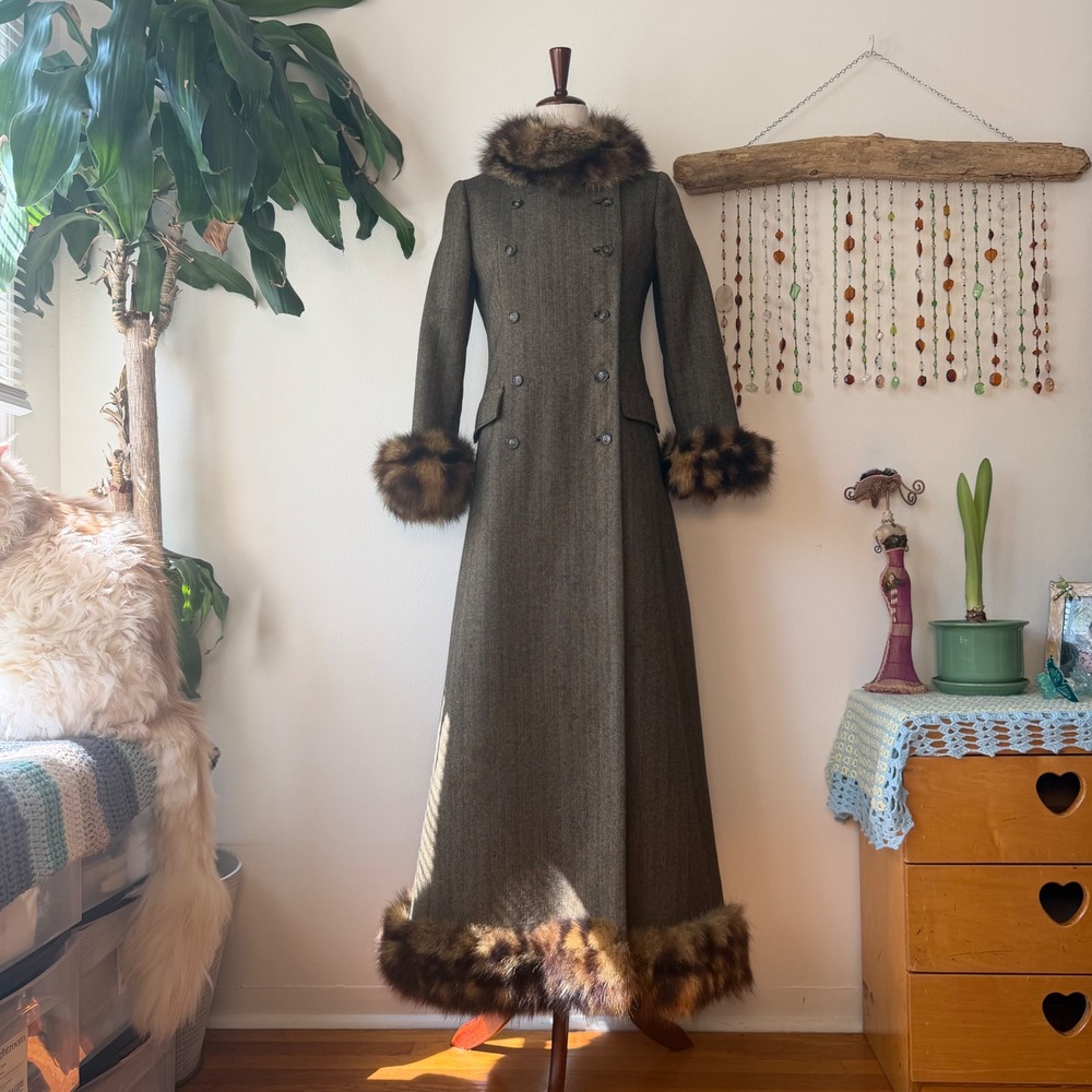 Vintage 60s Junior Charm Princess Duster Coat Fur Trim Herringbone XS